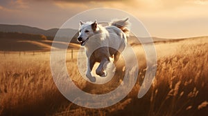 Caninecore: Stunning Ultra Realistic Photo Of A White Dog Running Through A Sunset Field