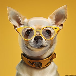 dog chihuahua cute glasses background portrait eyeglass yellow puppy animal pet. Generative AI. photo