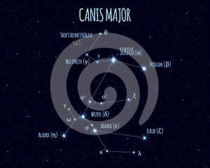 Canis Major constellation, vector illustration with the names of basic stars