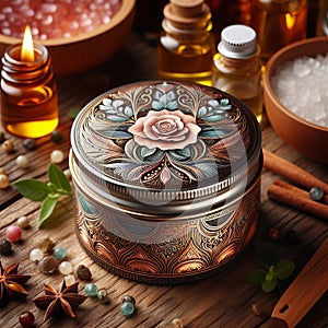 A canister filled with aromatherapy essential oil mixes sensuos photo