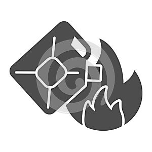 Canister and fire solid icon. Arson setting flame glyph style pictogram on white background. Canister for flammable
