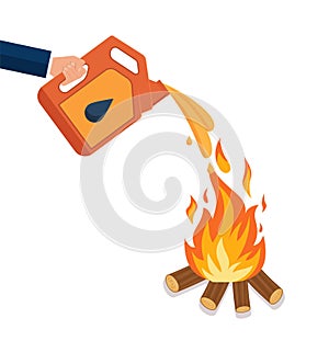 Canister with fuel. Red gas tank. Container with oil. Flammable object. Danger and fire. Watering a Dangerous flame. Flat cartoon