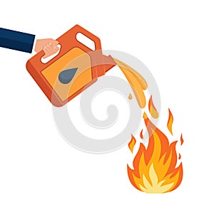 Canister with fuel. Red gas tank. Container with oil. Flammable object. Danger and fire. Watering a Dangerous flame. Flat cartoon