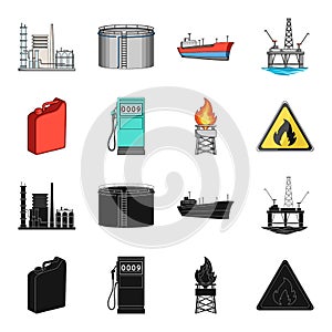 Canister for gasoline, gas station, tower, warning sign. Oil set collection icons in black,cartoon style vector symbol