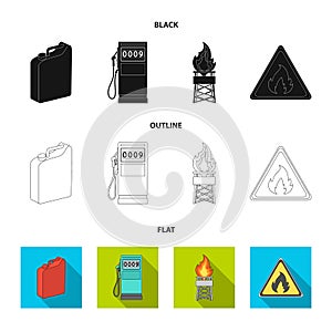 Canister for gasoline, gas station, tower, warning sign. Oil set collection icons in black,flat,outline style vector