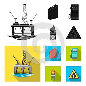 Canister for gasoline, gas station, tower, warning sign. Oil set collection icons in black,flat style vector symbol