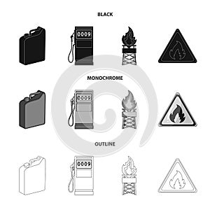 Canister for gasoline, gas station, tower, warning sign. Oil set collection icons in black,monochrome,outline style