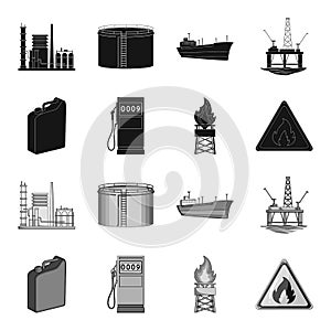 Canister for gasoline, gas station, tower, warning sign. Oil set collection icons in black,monochrome style vector