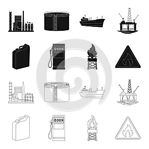 Canister for gasoline, gas station, tower, warning sign. Oil set collection icons in black,outline style vector symbol
