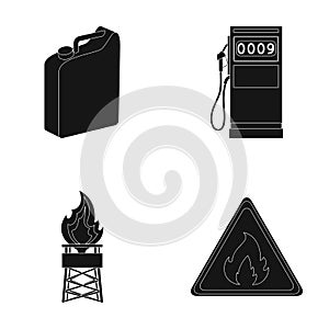 Canister for gasoline, gas station, tower, warning sign. Oil set collection icons in black style vector symbol stock