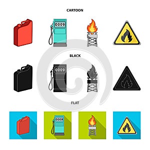 Canister for gasoline, gas station, tower, warning sign. Oil set collection icons in cartoon,black,flat style vector