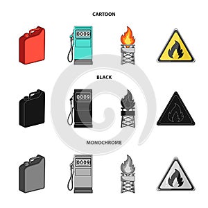 Canister for gasoline, gas station, tower, warning sign. Oil set collection icons in cartoon,black,monochrome style