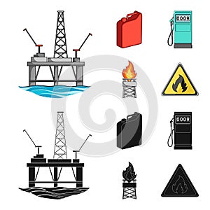 Canister for gasoline, gas station, tower, warning sign. Oil set collection icons in cartoon,black style vector symbol