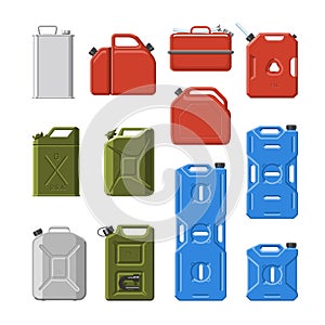 Canister vector jerrican or can of fuel gasoline for automobile and plastic jerrycan with petrol or oil illustration set