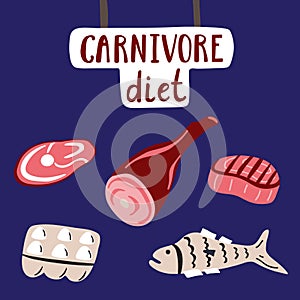 Canivore diet. Hand drawn elements of carnivore diet with lettering