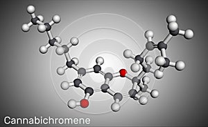 Cannabichromene, CBC molecule. It is phytocannabinoid found in Cannabis sativa and Helichrysum species. Molecular model photo