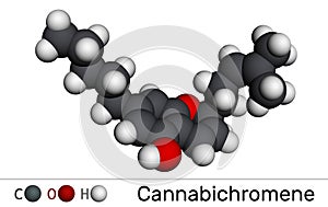 Cannabichromene, CBC molecule. It is phytocannabinoid found in Cannabis sativa and Helichrysum species. Molecular model photo