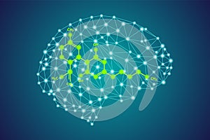 Cannabidiol CBD molecule chemical formula in polygonal plexus brain silhouette