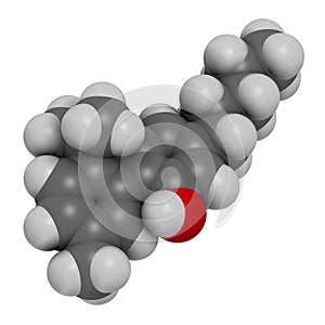 Cannabinol or CBN cannabinoid molecule. 3D rendering. Atoms are represented as spheres with conventional color coding: hydrogen