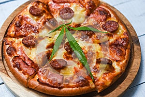 Cannabis food withPizza on wooden tray and chilli basil leaf top view / delicious tasty fast food italian traditional pizza cheese