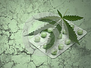 Cannabis leaf and drugs over grunge texture