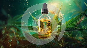 Cannabis oil in glass bottle with cannabis leaves on green background. Medical marijuana concept