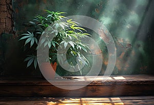 Cannabis plant in flowerpot on wooden shelf in room with old wall and sunlight