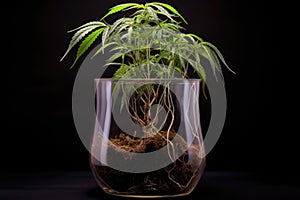 cannabis plant with visible root system in a clear container