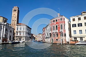 Cannaregio Canal viewed from boat on Canal Grande on sunny day, Venice, Italy