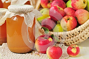 Canned Apple Juice and Apples in Basket