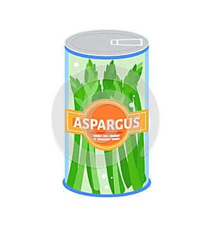 Canned asparagus vector illustration with label design. Preserved food product packaging illustration