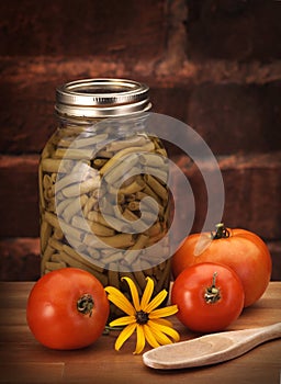 Canned beans on wood counter