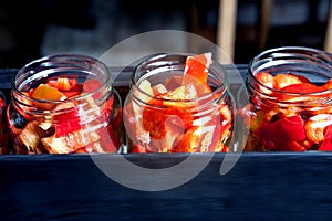 Canned bell peppers on a production line