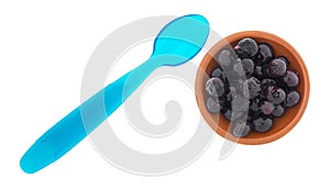 Canned blueberries in a bowl with a spoon