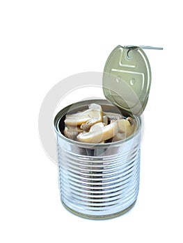 Canned button mushrooms in tin isolated on white