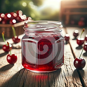 canned cherries in a sunlit glass jar. the comfort of a homemade treat