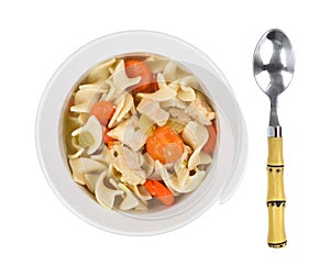 Canned Chicken Noodle Soup In Bowl Top View With Spoon