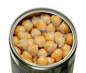 Canned chickpeas, large light tan chick peas in an opened tin can