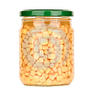 canned corn in a glass can, isolate