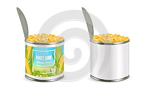 Canned corn package mockup set, vector realistic illustration