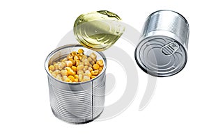 Canned corn in a tin can. canned food. Isolated on white background. Top view.