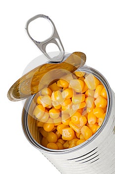 Canned corn in a tin on white