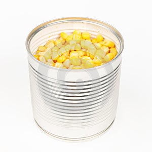 Canned corn on a white background, open tin