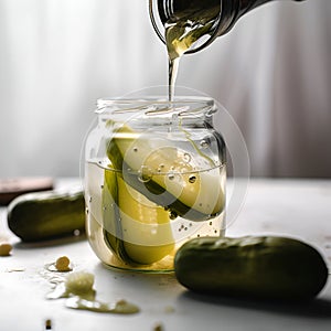 Canned cucumbers in a jar, pickles. AI generated