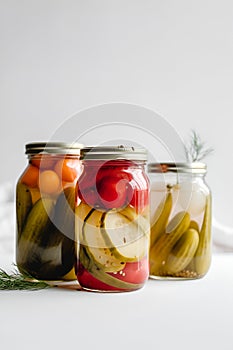 Canned cucumbers and tomatoes in jars on white background, pickles. AI generated