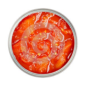 Canned diced tomatoes, with tomato puree, in an opened can, from above