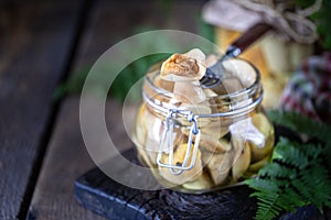 Canned edible porcini mushrooms in a glass jar. Homemade pickled mushrooms