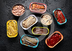 Canned fish with different assortment types of seafood on rustic stone background.