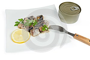 Canned fish on dish with fork, in sealed tin can