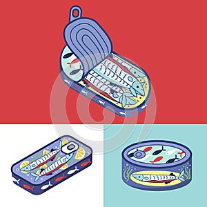 Canned fish. Flat illustration of 3 tuna fish can vector icons for web.